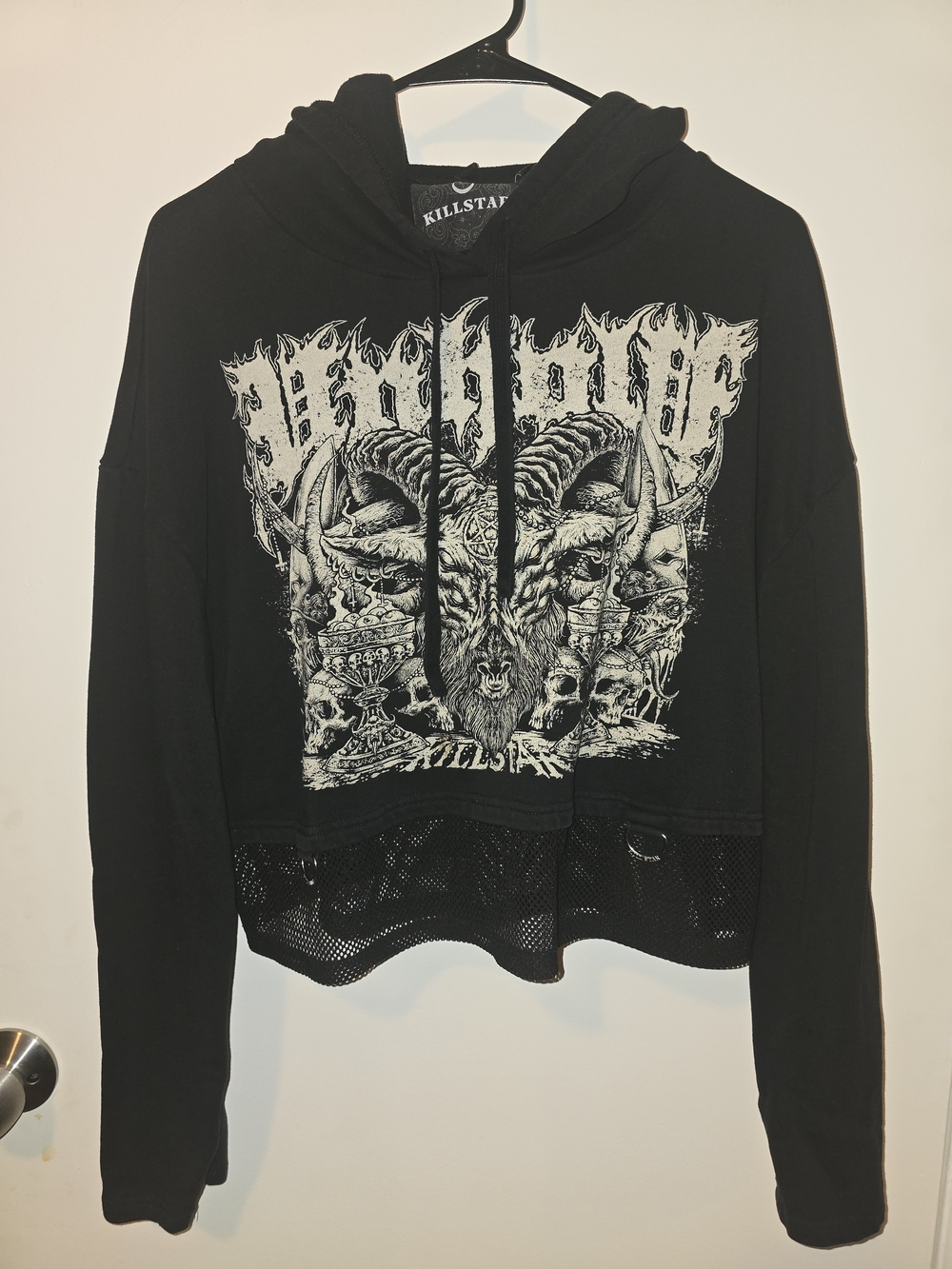 Killstar Black Graphic Goat Skull Cropped Mesh Hem Hoodie